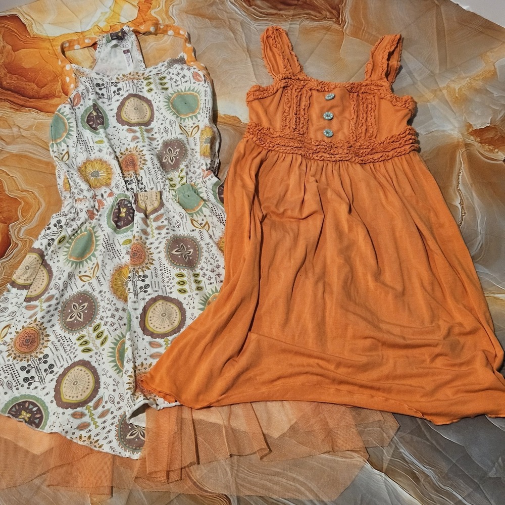 Matilda Jane Girls Size 8 Dress Bundle 2 Pc Orange Floral Sleeveless